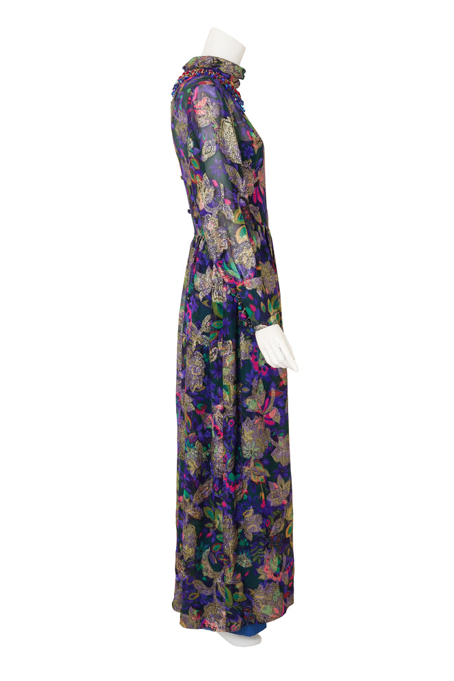 Floral Lamé Hostess Dress on mannequin side @ Recess LA