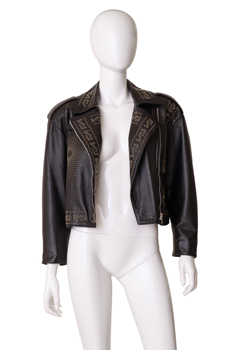 studded leather motorcycle jacket by Begedor on mannequin open @ Recess LA