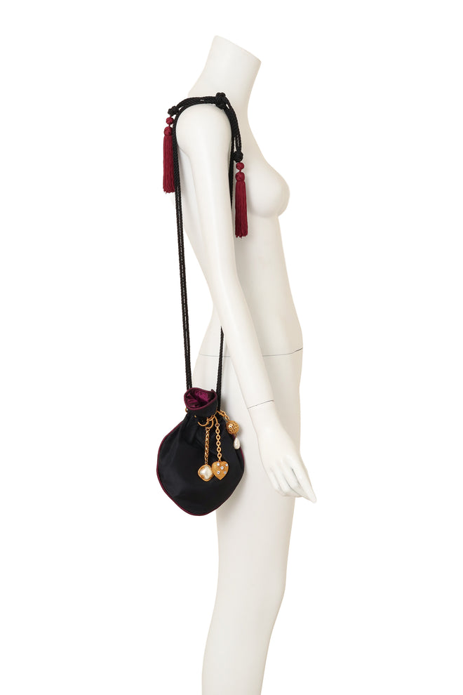 Vintage Dominique Aurientis Silk Charm Tassel Evening Bag on mannequin @ Recess LA