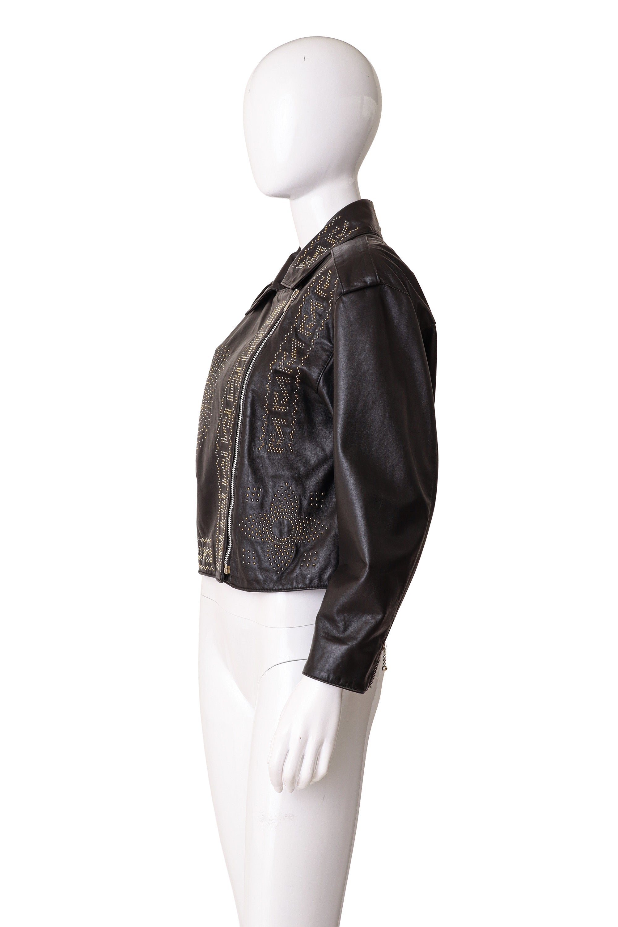 studded leather motorcycle jacket by Begedor on mannequin side @ Recess LA