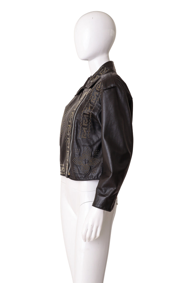 studded leather motorcycle jacket by Begedor on mannequin side @ Recess LA