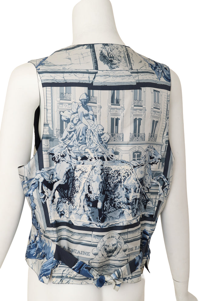 fountain & equestrian statue motif vest by Hérmes on mannequin back close @ Recess LA