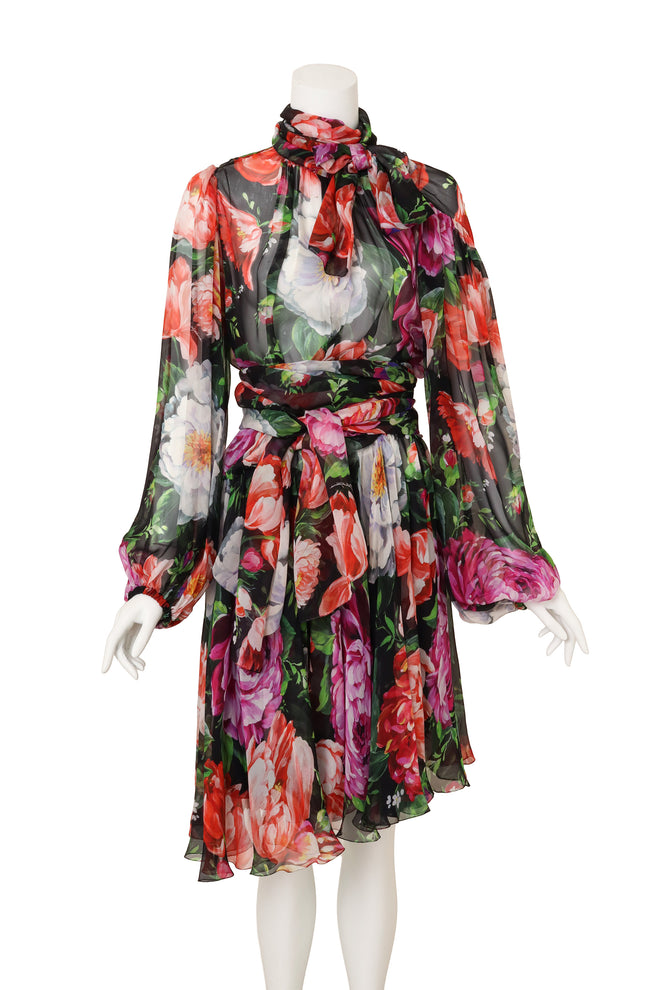 Dolce & Gabbana Blouson Floral Silk Dress on mannequin tied in bow @ Recess LA