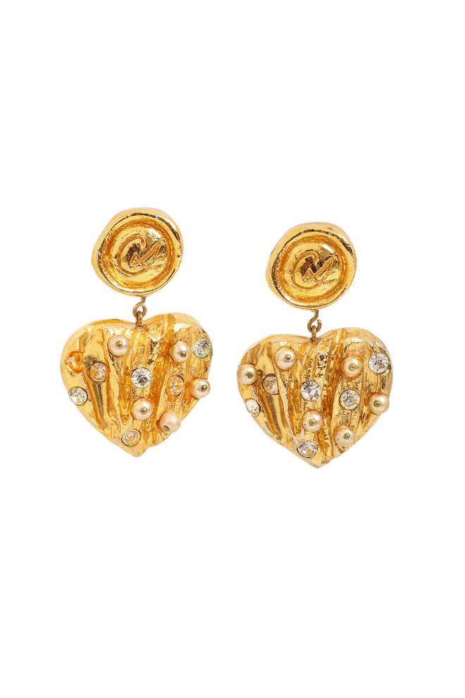 Vintage Christian Lacroix Sculpted Crystal Pearl Heart Earrings @ Recess LA
