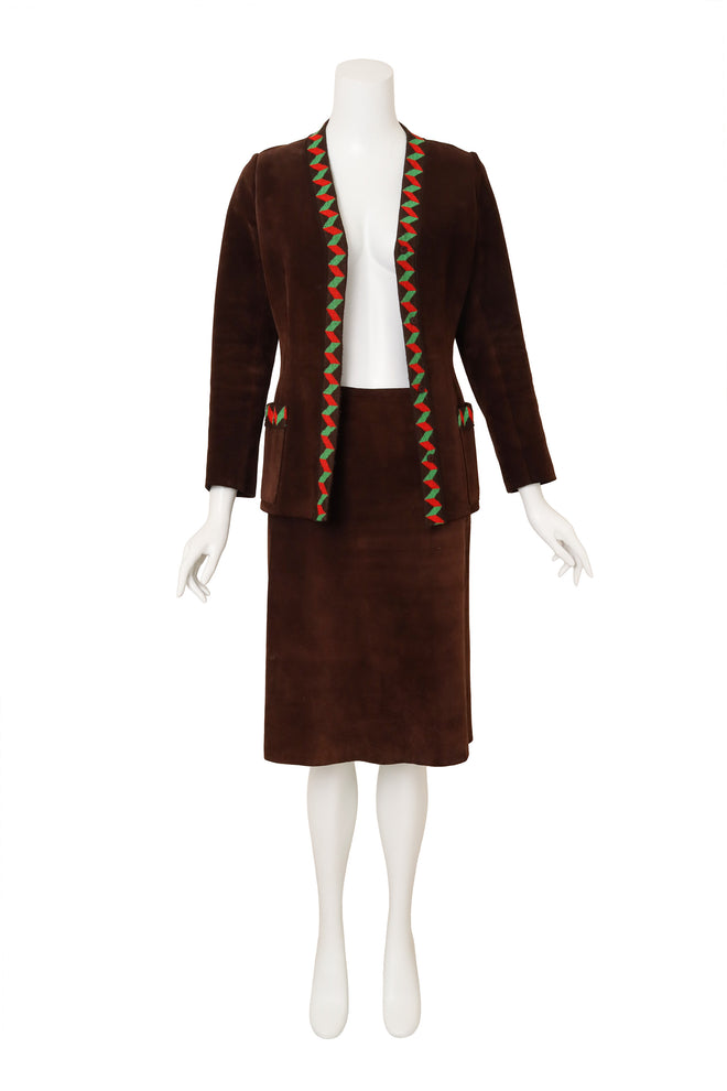 Vintage Givenchy Suede Chevron Knit Jacket & Skirt Set on mannequin open @ Recess LA