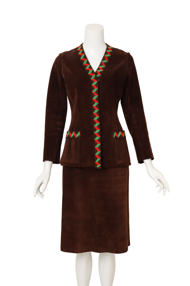 Vintage Givenchy Suede Chevron Knit Jacket & Skirt Set on mannequin @ Recess LA
