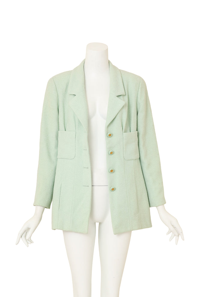 Pleated Bouclé CC Blazer by Chanel on mannequin open @ Recess LA