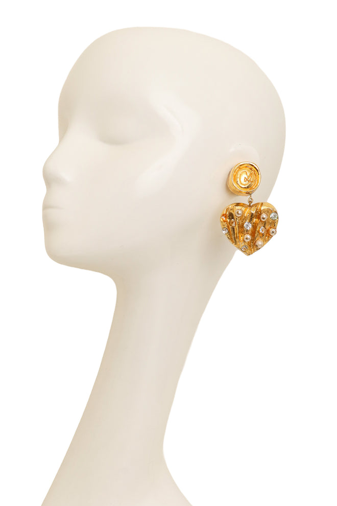 Vintage Christian Lacroix Sculpted Crystal Pearl Heart Earrings on mannequin @ Recess LA