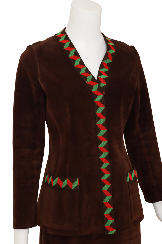 Vintage Givenchy Suede Chevron Knit Jacket & Skirt Set on mannequin close @ Recess LA