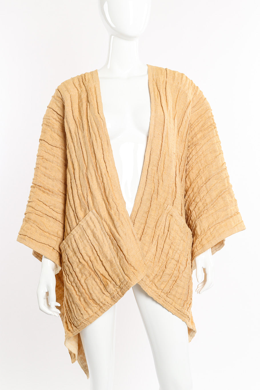 Issey Miyake Flax Linen Pleated Kimono front view on mannequin closeup @Recessla