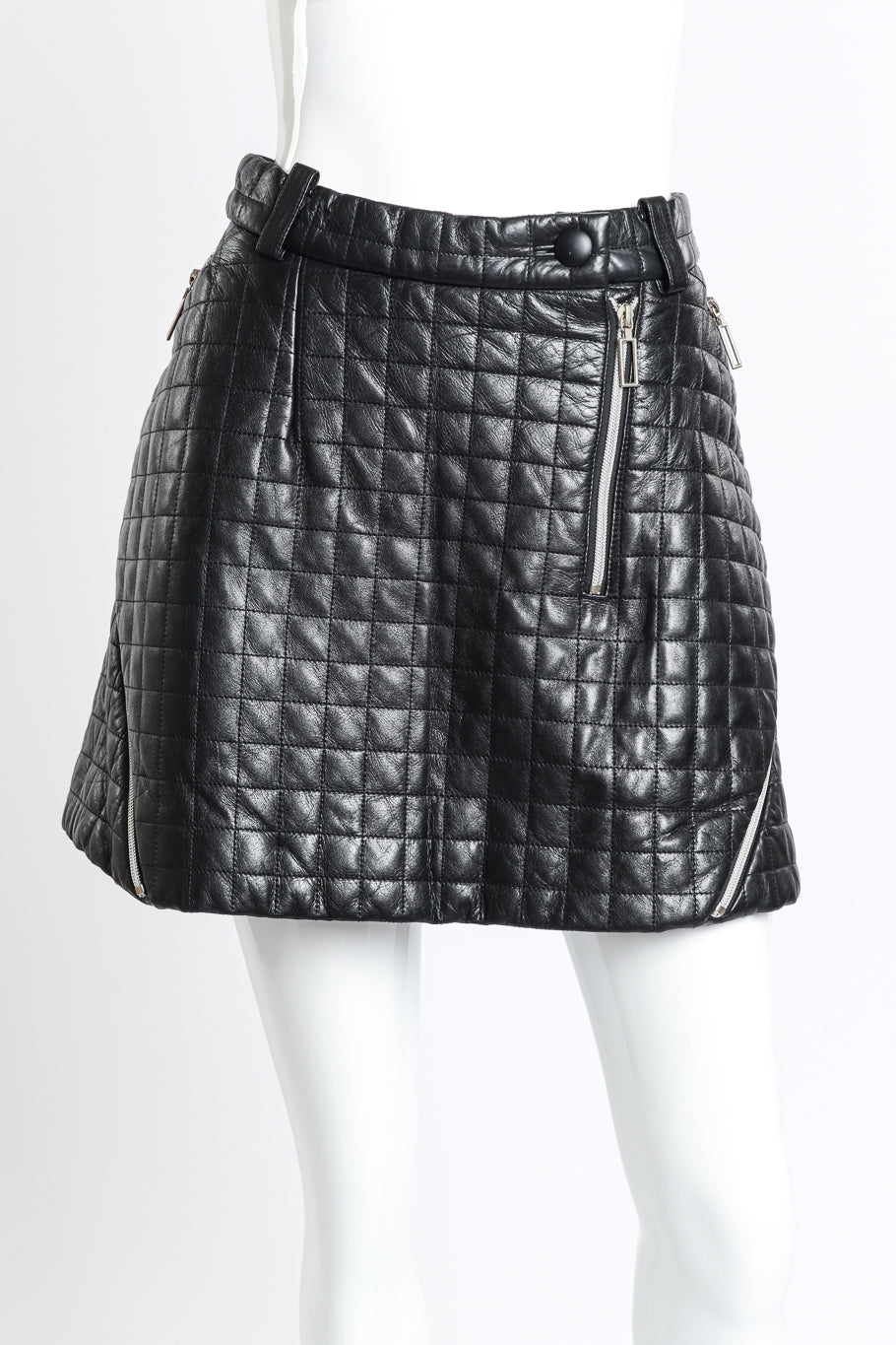 Vintage Issey Miyake Quilted Leather Mini Skirt front on mannequin closeup @recess la