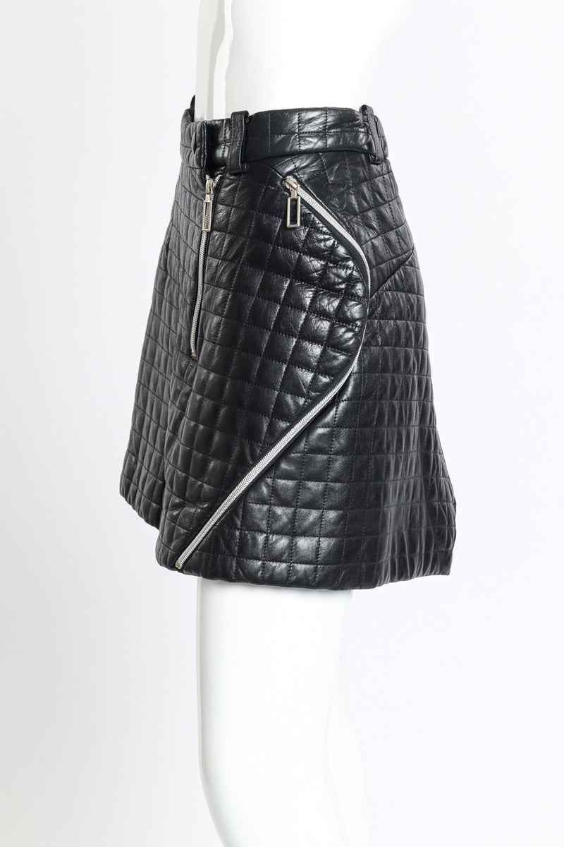 Vintage Issey Miyake Quilted Leather Mini Skirt side on mannequin closeup @recess la