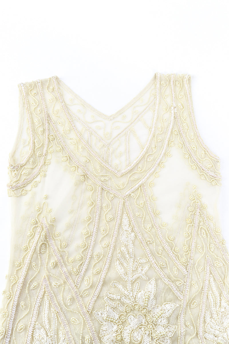 Vintage Pearl White Beaded Fringe Flapper Dress Recess Vintage Pearl White Beaded Fringe Flapper Dress Recess
