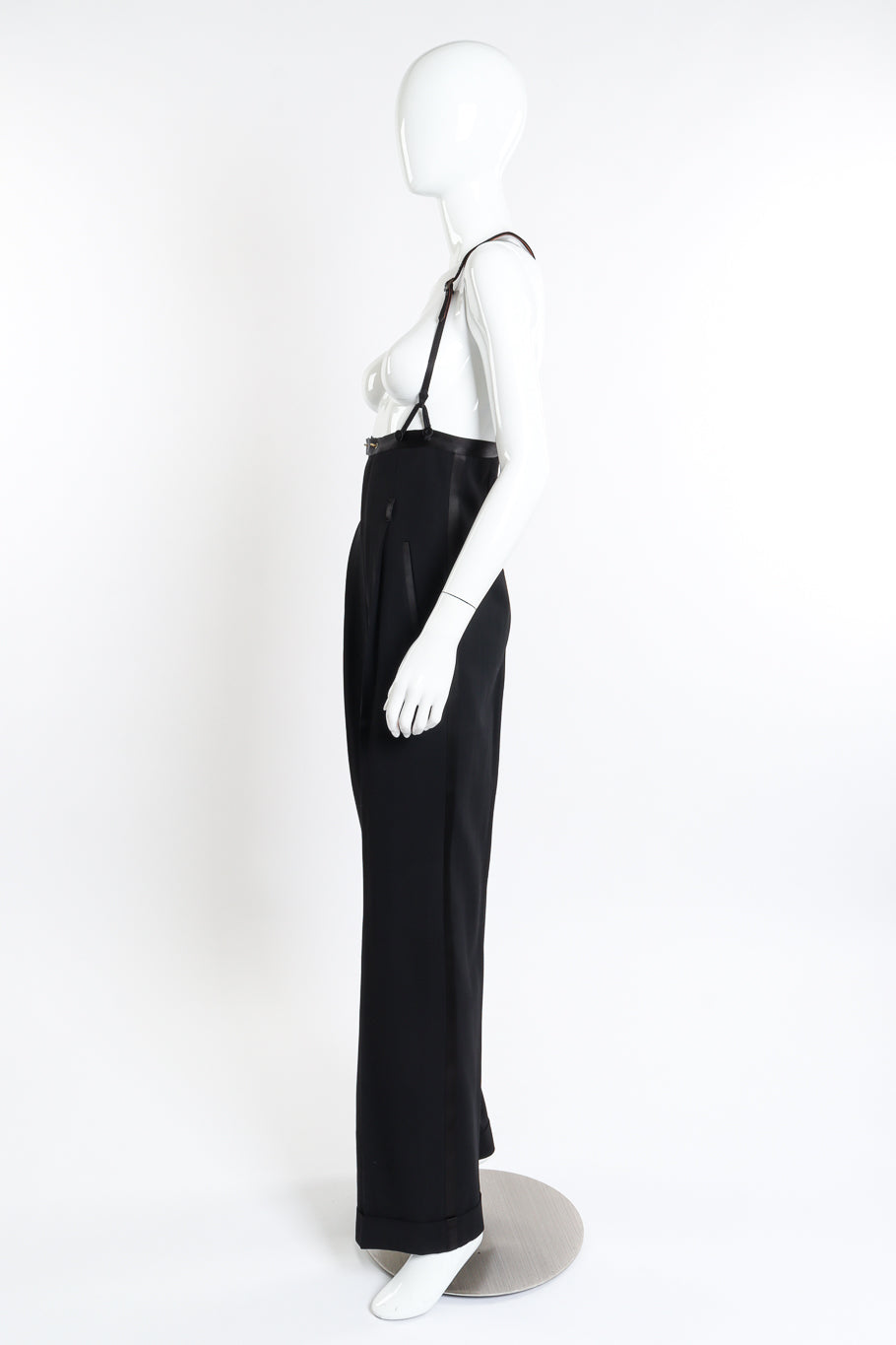 Wide Leg Wool Suspender Pant by Jean Paul Gaultier on mannequin side @recessla