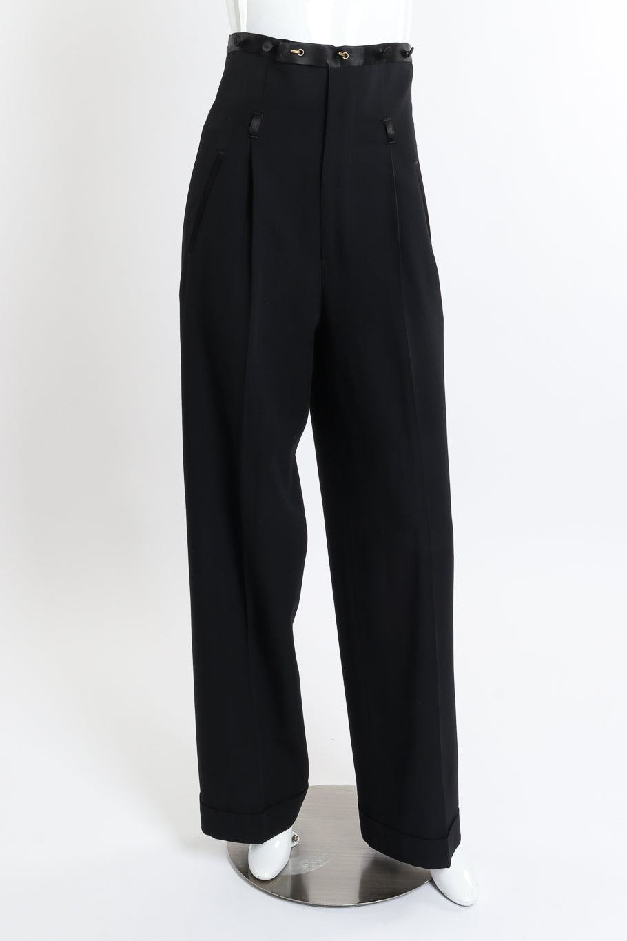 Wide Leg Wool Suspender Pant by Jean Paul Gaultier on mannequin front without suspenders @recessla