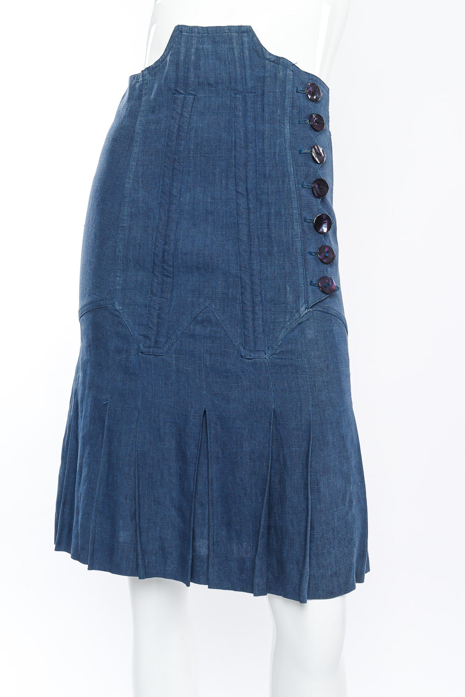 Pleated corset skirt by Jean Paul Gaultier on mannequin front close @recessla