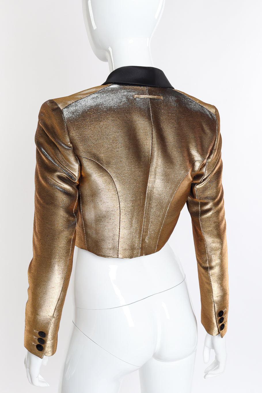 Jean Paul Gaultier Femme Cropped Lamé Tuxedo Jacket back on mannequin closeup @recessla