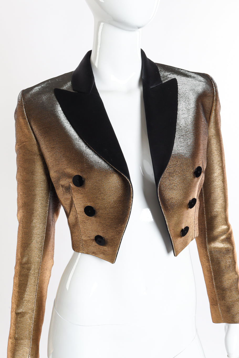 Jean Paul Gaultier Femme Cropped Lamé Tuxedo Jacket front on mannequin closeup @recessla