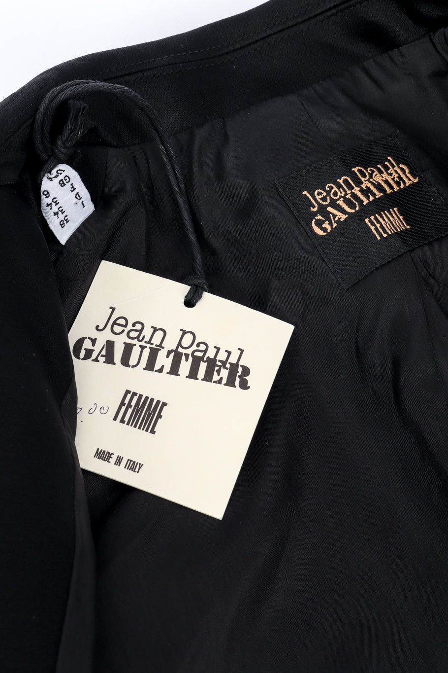 Jean Paul Gaultier Femme Cropped Lamé Tuxedo Jacket signature label and tag closeup @recessla
