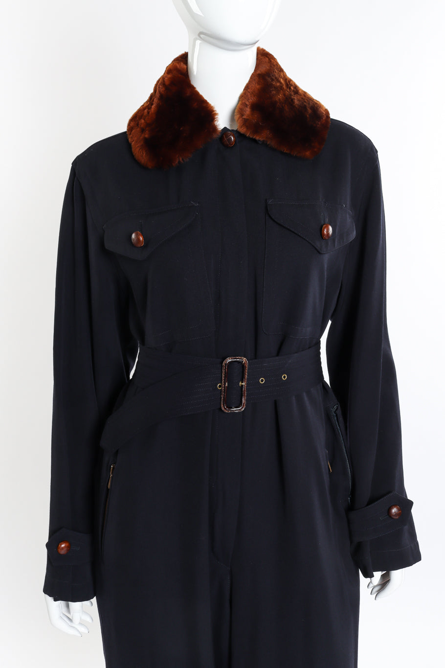 Jean Paul Gaultier Femme Fur Trim Flight Suit front on mannequin closeup @recessla