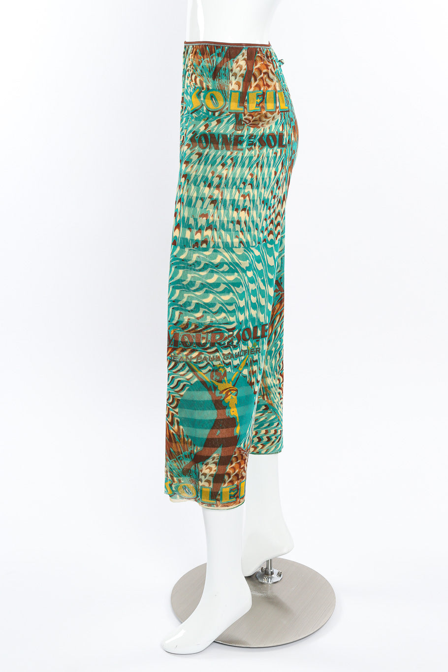 Vintage Jean Paul Gaultier Soleil Sea Scape Print Mesh Pants side view on mannequin @Recessla