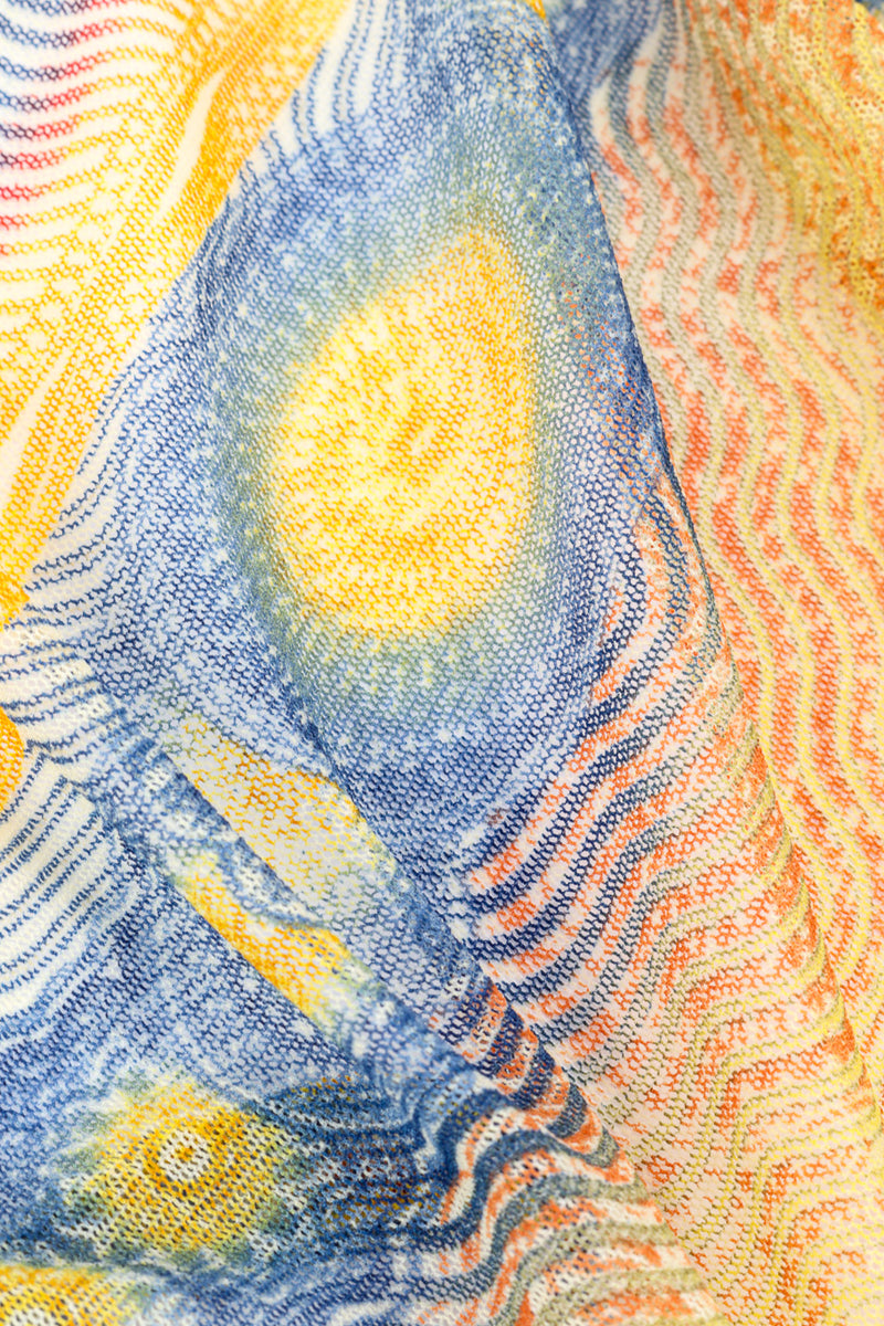 Vintage Jean Paul Gaultier Currency Mesh Wrap Top fabric pattern of medallions closeup @Recessla