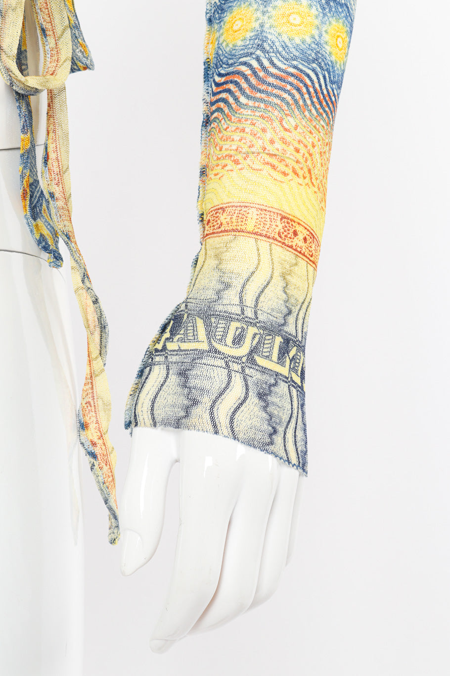 Vintage Jean Paul Gaultier Currency Mesh Wrap Top sleeve hem closeup on mannequin @Recessla