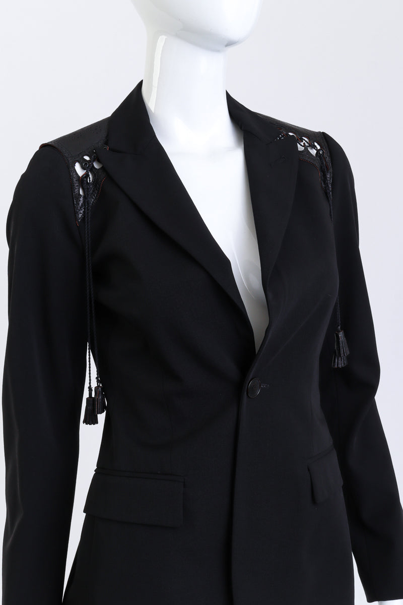 Vintage Jean Paul Gaultier Femme Lace Up Shoulder Jacket front on mannequin closeup @recess la