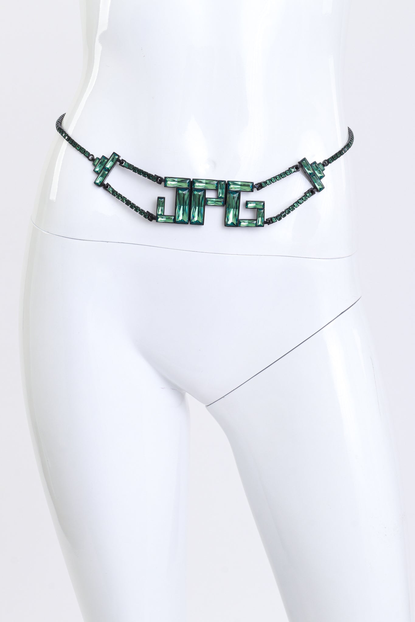 Jean Paul Gaultier Baguette Crystal Logo Belt on mannequin @recess la