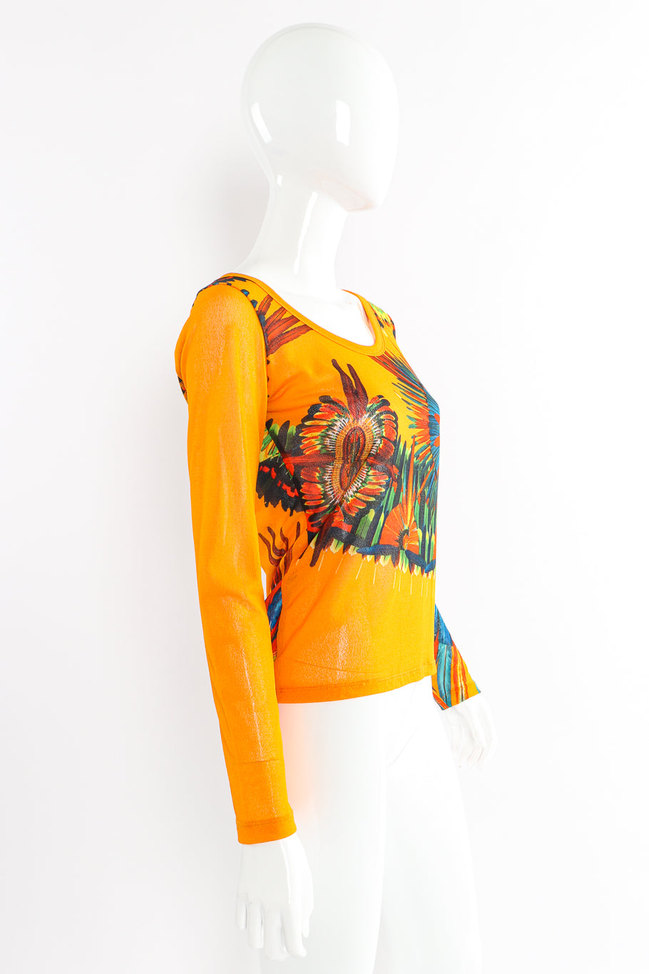 Vintage Jean Paul Gaultier Soleil Mesh Feather Top right side view on mannequin @Recessla