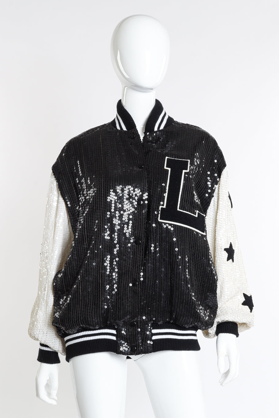 Vintage Jeanette for St. Martin Sequined Letterman Bomber Jacket front on mannequin @recessla