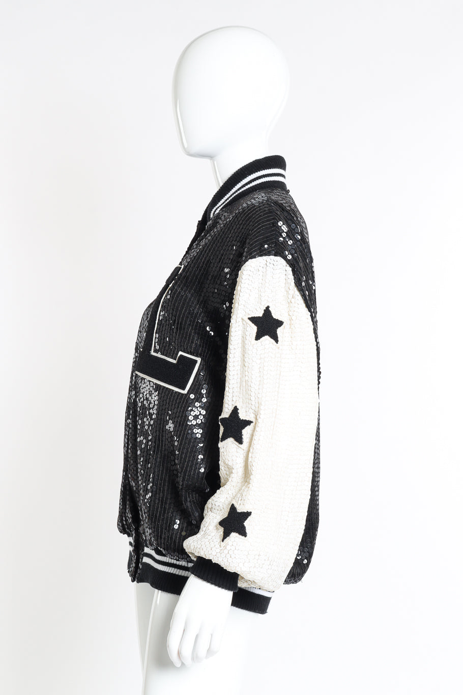 Vintage Jeanette for St. Martin Sequined Letterman Bomber Jacket side on mannequin @recessla