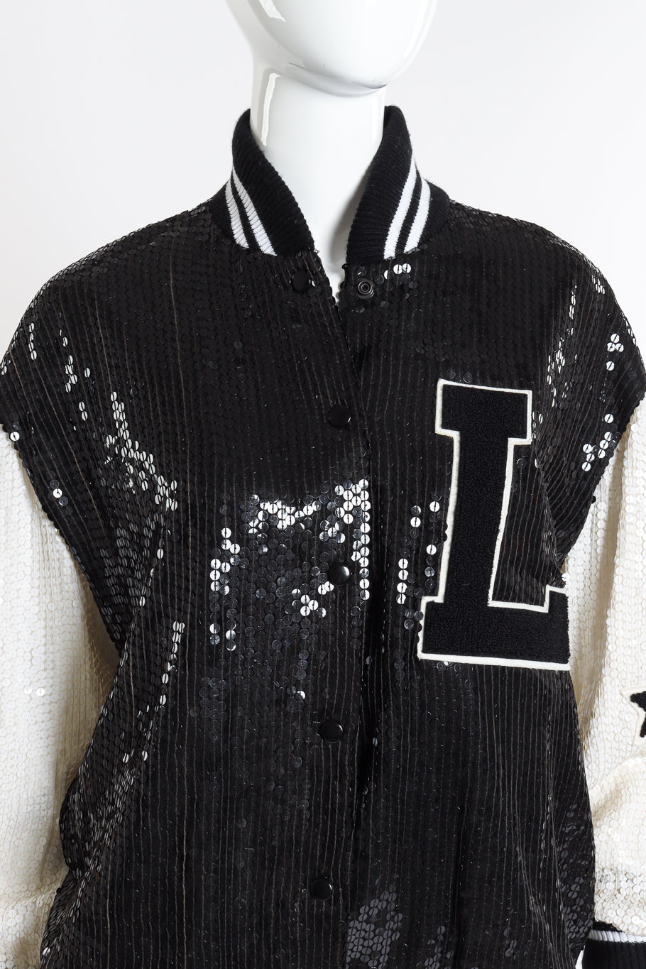 Vintage Jeanette for St. Martin Sequined Letterman Bomber Jacket front on mannequin closeup @recessla