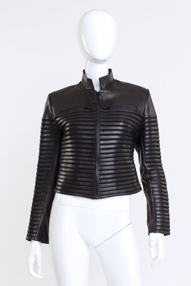 Vintage Jitrois Leather Striped Zip Up Jacket front on mannequin @recess la