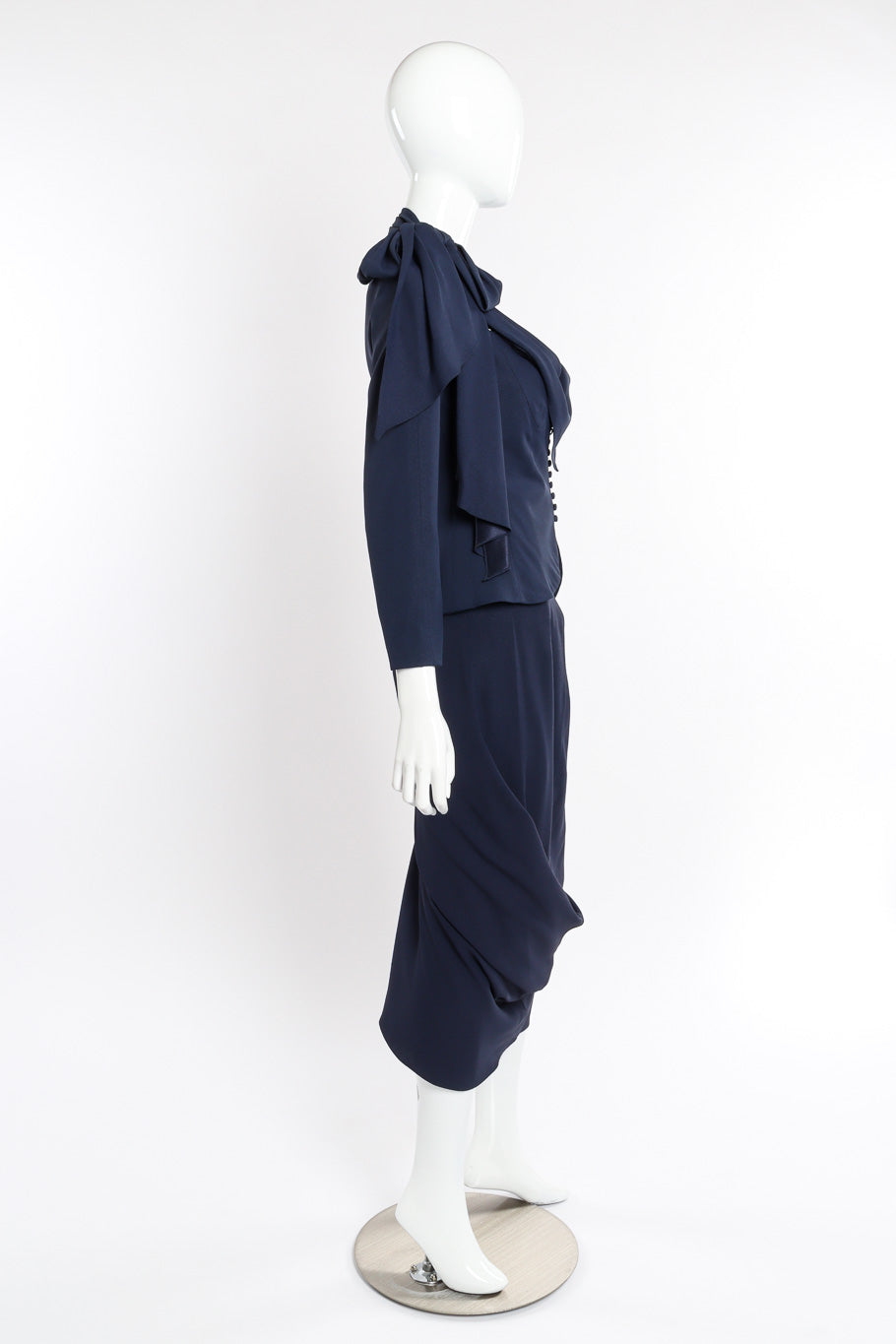 Vintage John Galliano 1999 S/S Draped Jacket and Skirt Set side view on mannequin @recessla