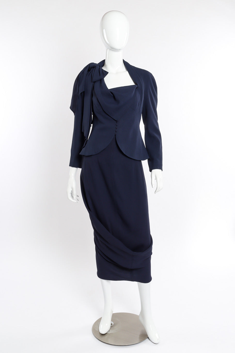 Vintage John Galliano 1999 S/S Draped Jacket and Skirt Set front view on mannequin @recessla