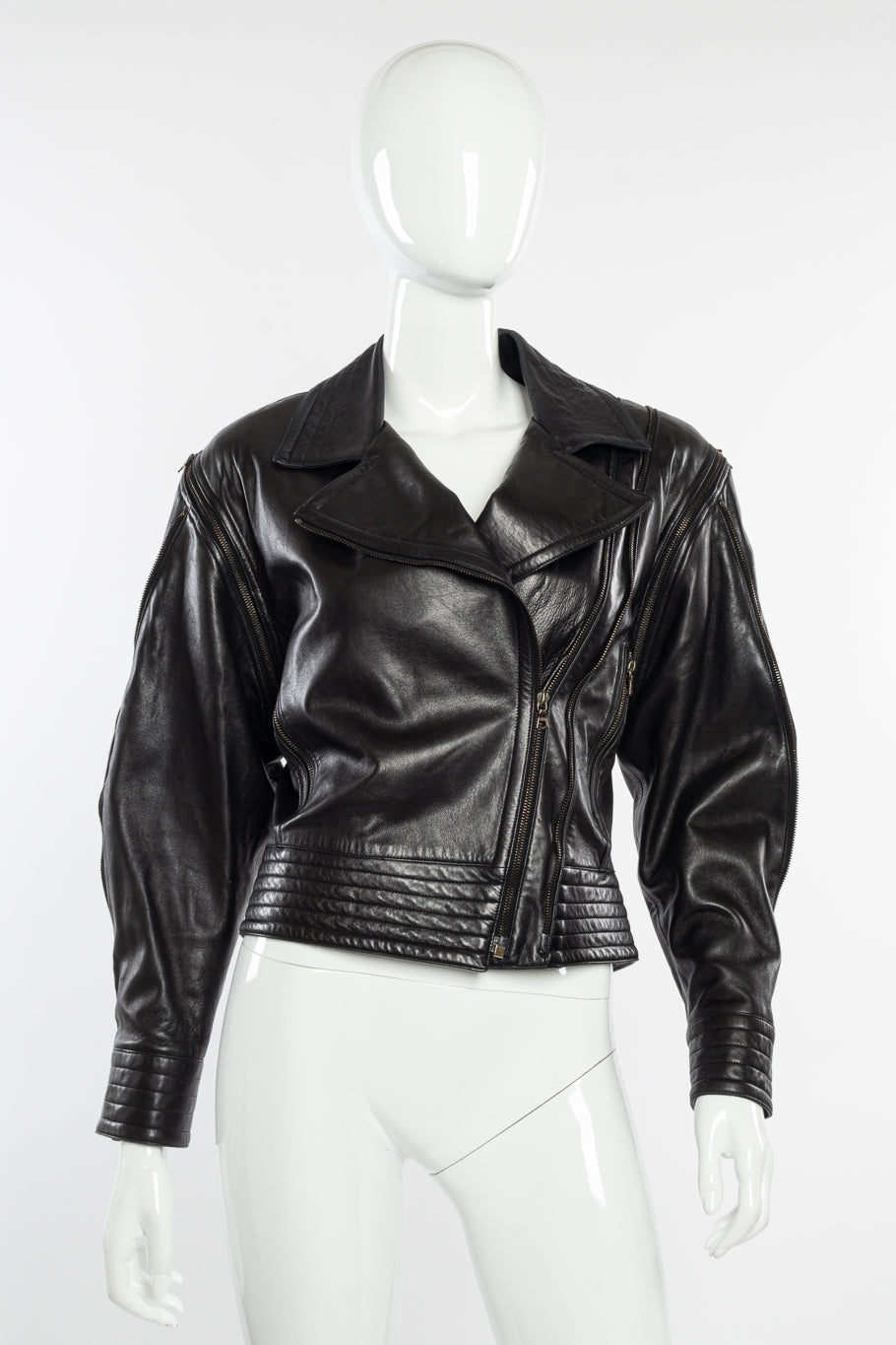 Vintage John Michael Convertible Leather Moto Jacket front on mannequin @recessla