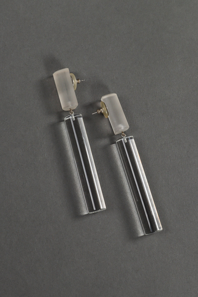 Vintage Judith Hendler Lucite Barrel Drop Earrings full view on grey backdrop @Recessla