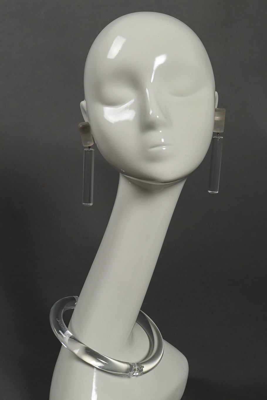 Vintage Judith Hendler Lucite Collar Necklace on mannequin paired with lucite drop earrings @Recessla