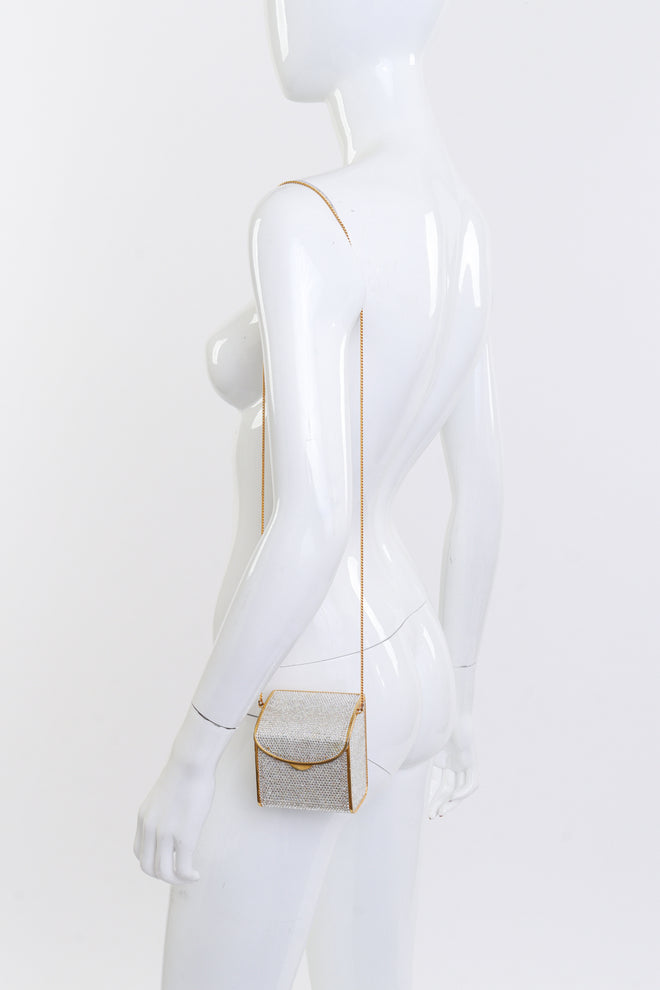 Vintage Judith Leiber Rhinestone Minaudière Box Bag on mannequin @recess la