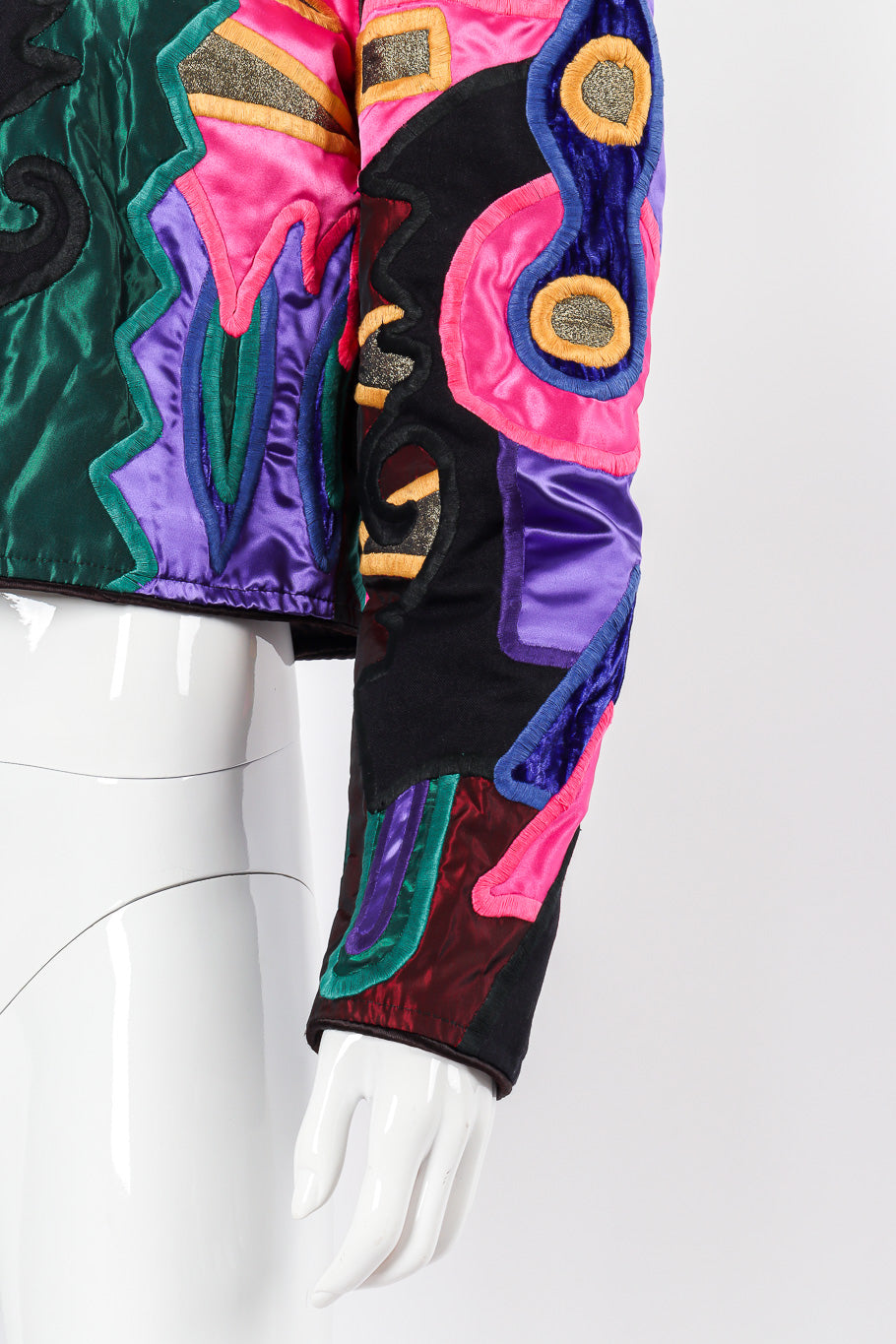 Patchwork cropped jacket by Judith Roberts on mannequin sleeve close @recessla