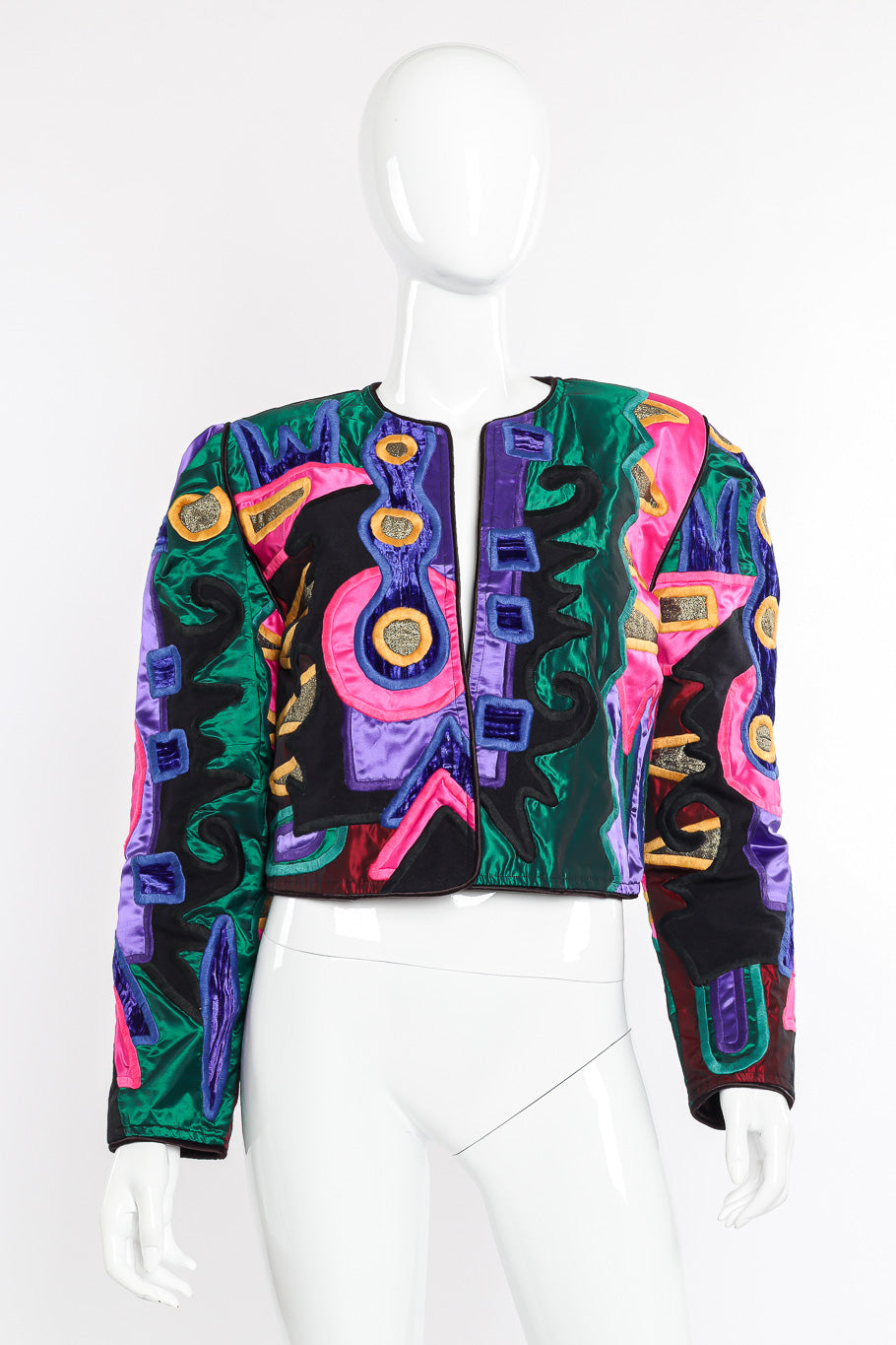 Patchwork cropped jacket by Judith Roberts on mannequin @recessla