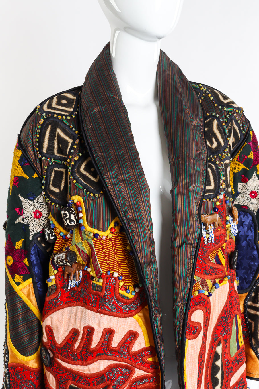 Vintage Judith Roberts Beaded Safari Patchwork Jacket front on mannequin closeup @recessla