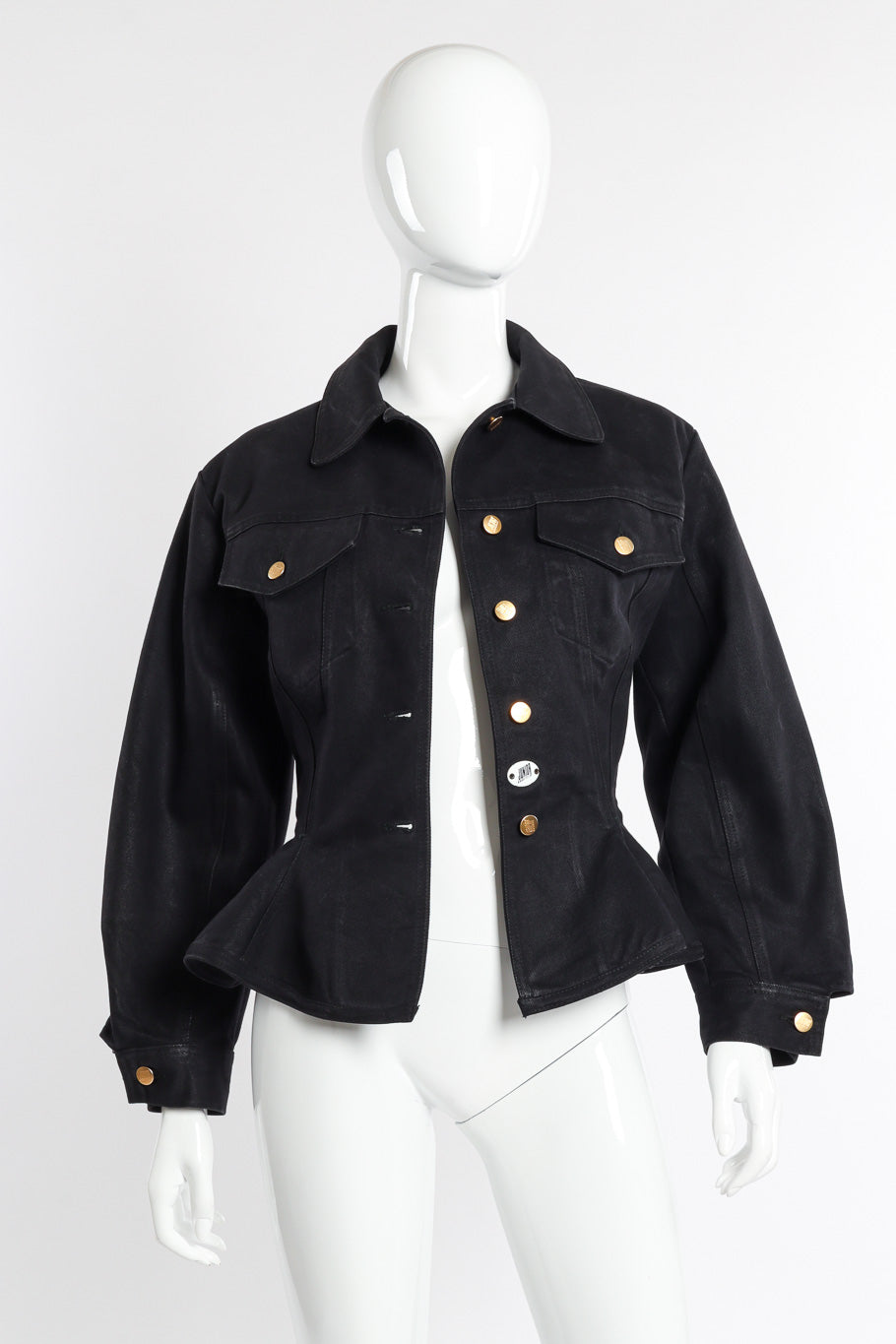 Junior Gaultier Denim Peplum Jacket front unbuttoned on mannequin @recessla