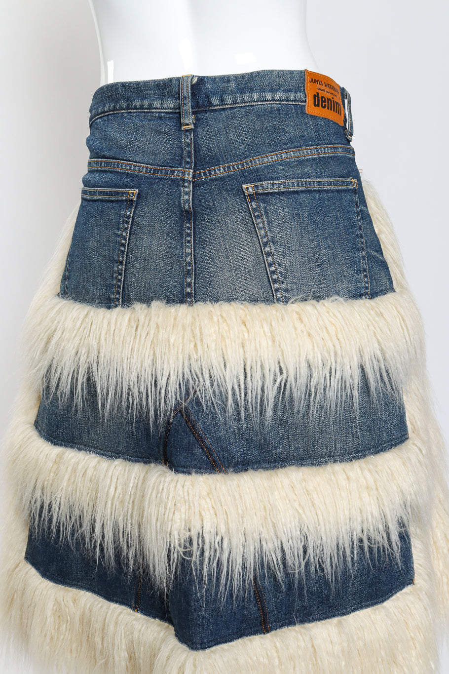 Junya Watanabe Denim Faux Fur Skirt back on mannequin closeup @recessla
