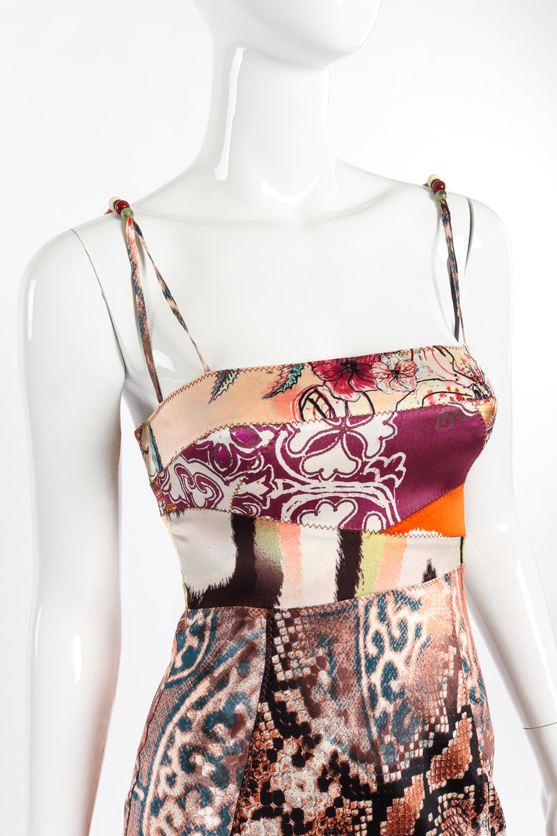 Just Cavalli Patchwork Bias Silk Dress front view on mannequin closeup @recessla