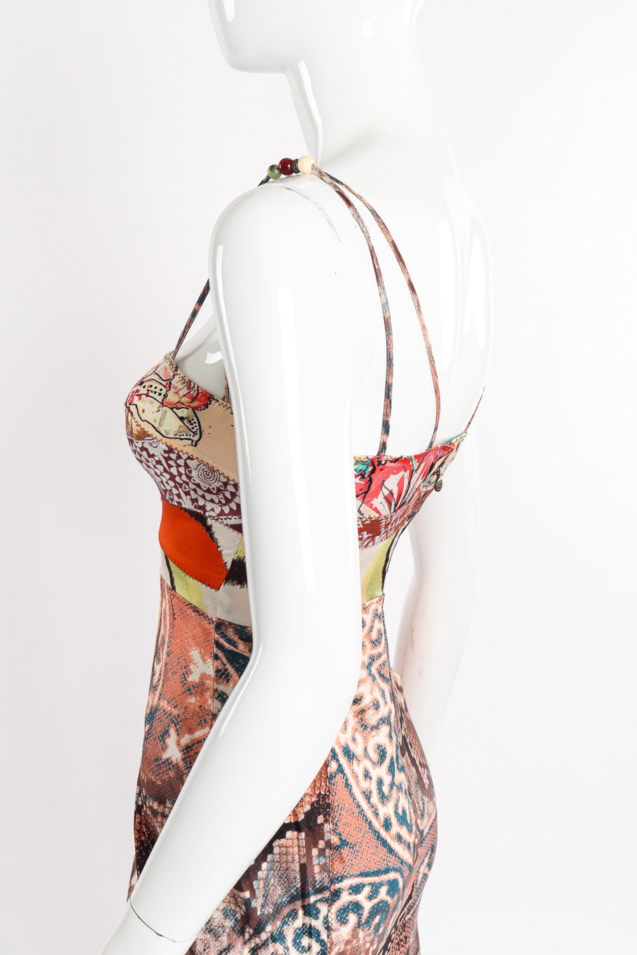 Just Cavalli Patchwork Bias Silk Dress side view on mannequin closeup @recessla