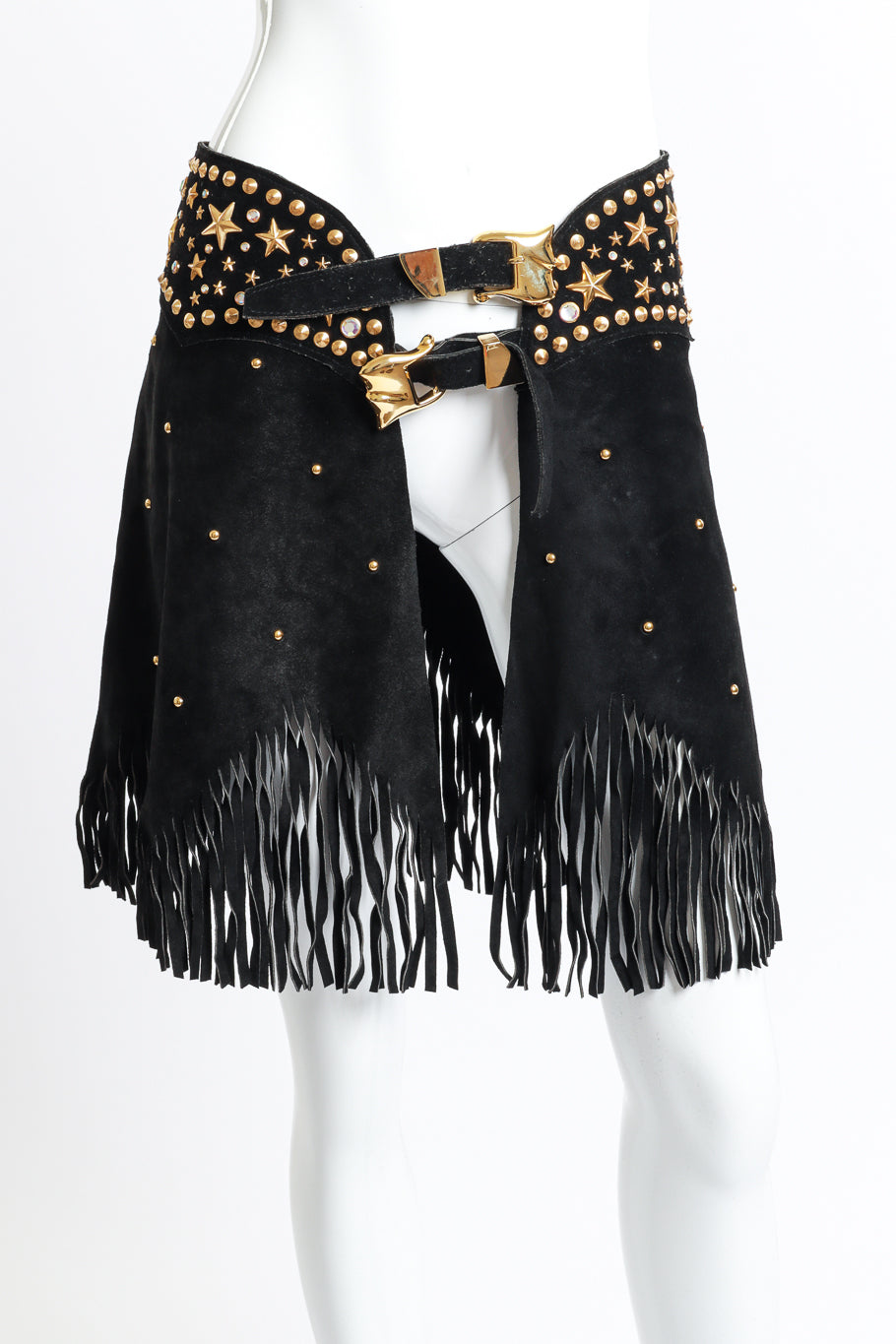 Vintage Katherine Baumann Studded Suede Fringe Skirt Belt front on mannequin closeup @recess la
