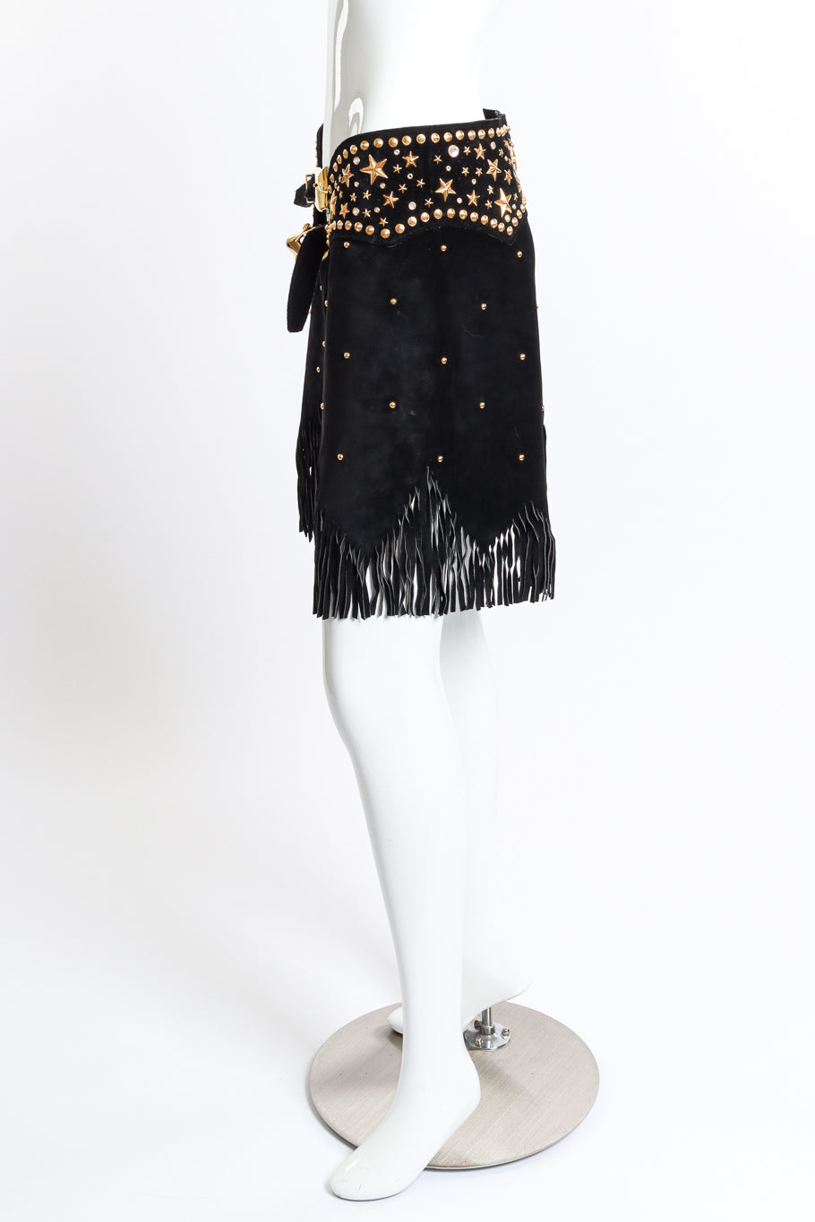 Vintage Katherine Baumann Studded Suede Fringe Skirt Belt side on mannequin @recess la