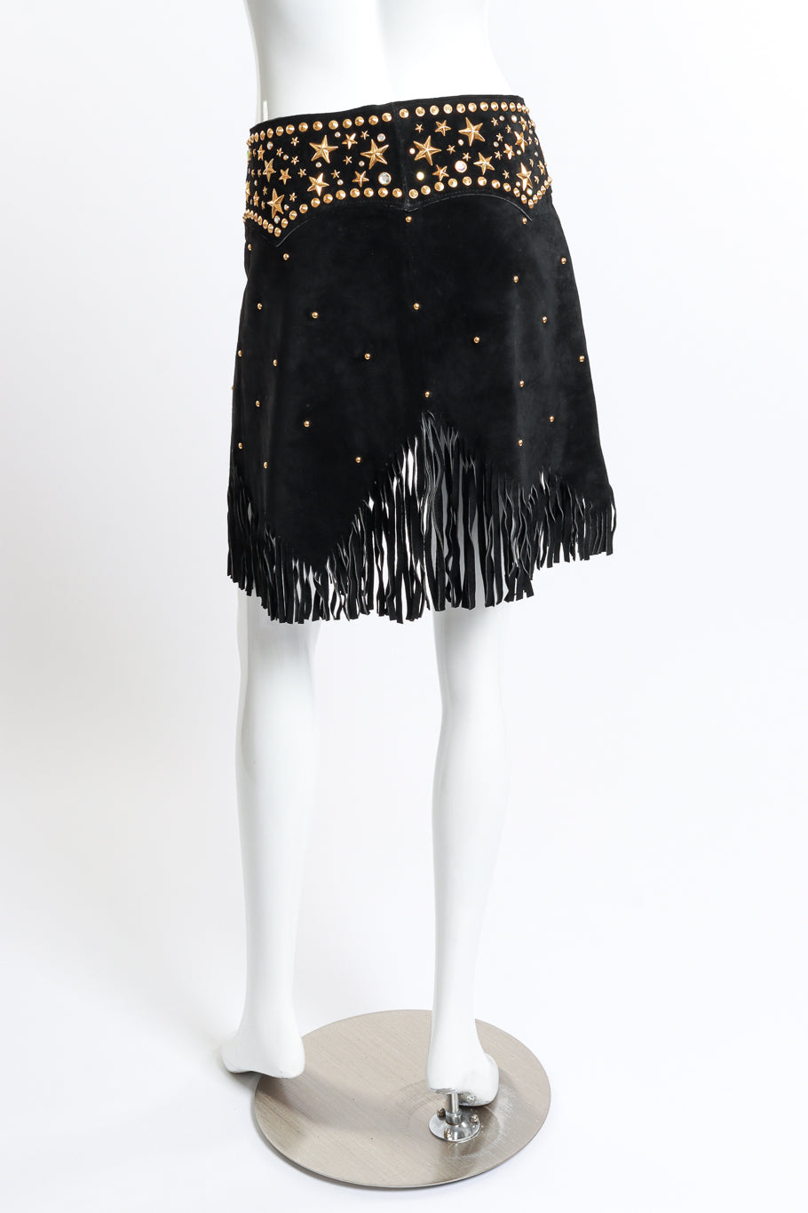 Vintage Katherine Baumann Studded Suede Fringe Skirt Belt back on mannequin @recess la
